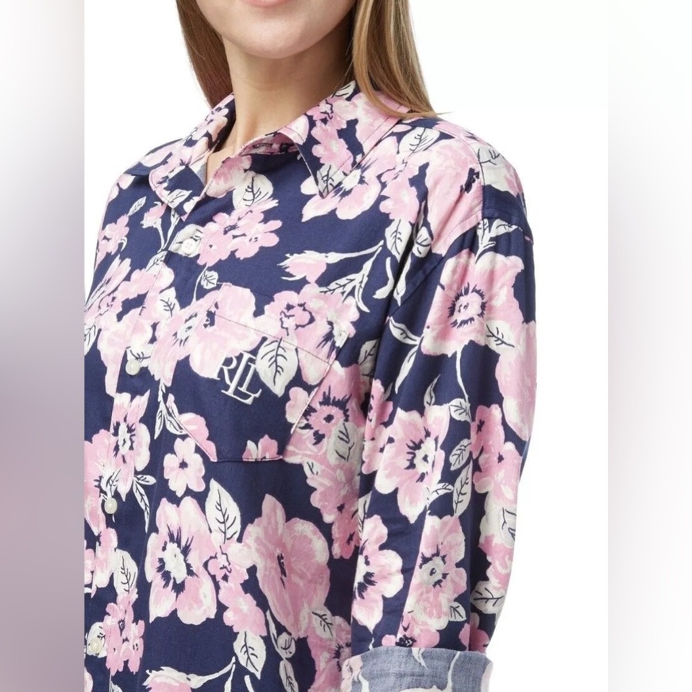 LRL Ralph Lauren Sz M Monogram Blue Pink Floral Button Up Nightgown MN152 - Picture 2 of 7